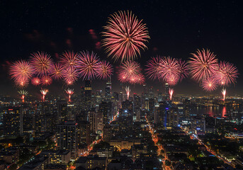 Naklejka premium Spectacular Fireworks Display Illuminating City Skyline Against Starry Night Sky