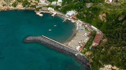 Aerial view of Vico Equense beach, located in Sorrento Coast, in the province of Naples, Campania,...
