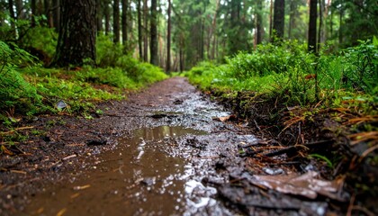 Fototapeta premium Serene Forest Path with Muddy Puddle in Beautiful Green Landscape