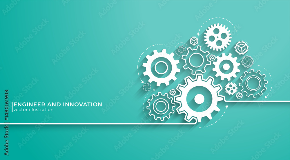 Poster Concept of Engineer and Innovation. Abstract technology background of mechanical engineering. Rotating mechanism of round parts.Cogs and gear wheel mechanisms. Vector illustration.