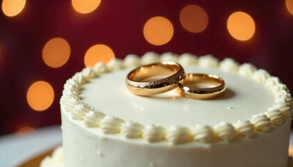A happy couple's rings on a wedding cake, symbolizing marital bliss , union, cake, love