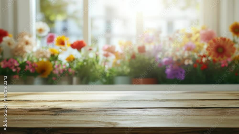 Poster a wooden table set up in front of a window, surrounded by fresh flowers