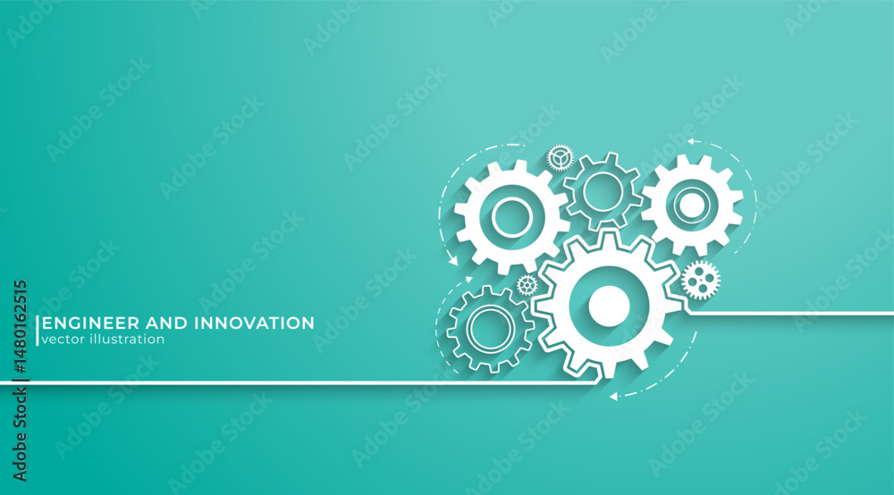 Poster Concept of Engineer and Innovation. Abstract technology background of mechanical engineering. Rotating mechanism of round parts.Cogs and gear wheel mechanisms. Vector illustration.