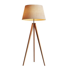 Minimalist wooden tripod floor lamp with linen shade on a dark backdrop
