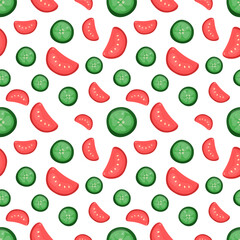 Seamless pattern with cucumber and tomato slices. On a white background. In a hand-drawn style. Fresh vegetables background.
