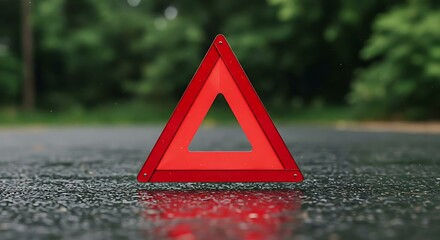 Red warning triangle on wet asphalt. Roadside emergency concept. Safety hazard sign for vehicle breakdown or accident scene on street surface.