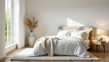 Chic bedroom, crisp white linens, minimalist decor, interior, linens