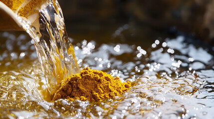 A small amount of water is pouring into a container with a yellow powder