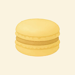 A smooth and creamy yellow macaron filled with a rich brown filling, offering a sweet and indulgent dessert experience with its delicate texture and elegant appearance