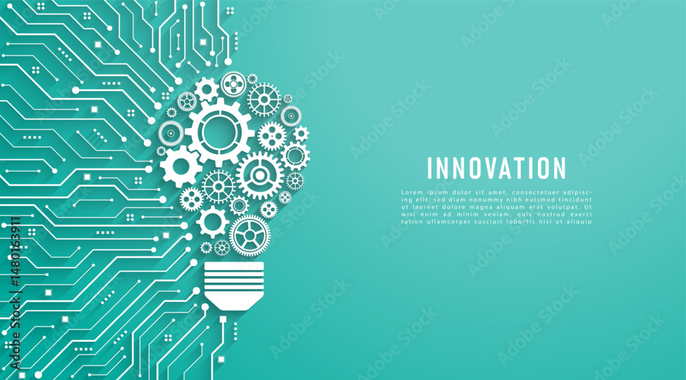 Aufkleber Concept of Innovation and Idea. Gears with a light bulb shape on a circuit board background. Creative Idea Solution. Innovation in the future. AI, big data, deep learning.Vector illustration.
