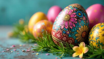 Fototapeta premium Close-up of intricately decorated Easter eggs Vibrant colors and patterns Festive spring decoration , eggs, bunny