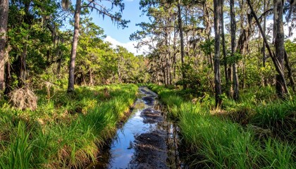 Serene Forest Stream with Lush Greenery and Clear Blue Sky