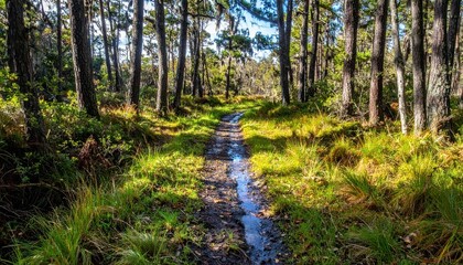 Fototapeta premium Serene Forest Pathway Surrounded by Lush Greenery and Trees