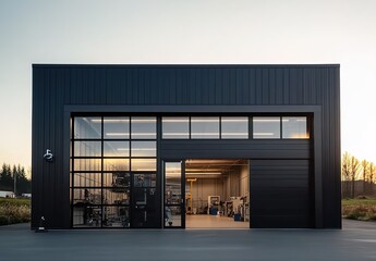 Modern Industrial Building with Open Garage Door