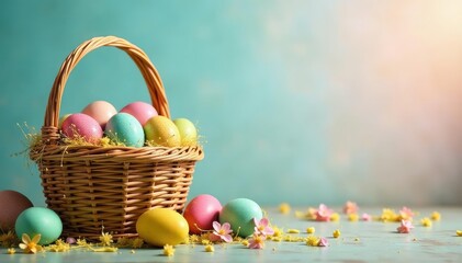 Colorful Easter baskets overflowing with eggs and treats , willow, blue, spring