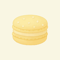 A soft, buttery yellow macaron with a delicate texture, featuring a creamy filling and small white sprinkles on top, making it an elegant and delightful dessert for any occasion