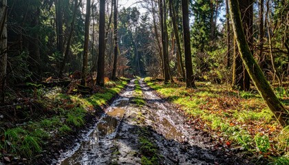 Fototapeta premium Muddy Path Through Lush Forest with Sunlight and Greenery