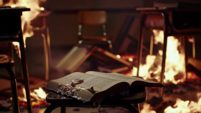 Burning Classroom with Open Book on a Desk Amidst Flames and Charred Furniture Conveying Destruction Danger and Thematic Symbolism
