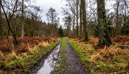 Fototapeta premium Tranquil Nature Path Through Woodland with Reflective Puddles