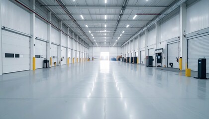 Spacious and Clean Industrial Warehouse Interior with Bright Lighting