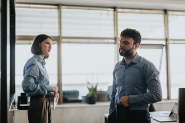 Two business people having a serious conversation in a modern office setting. The image captures a...