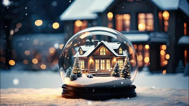 Magical glass ball with tiny modern house inside near big real cozy house with lights in windows in winter. Gift dream for Christmas, New Year. Insurance, mortgage, purchase real estate dream house.