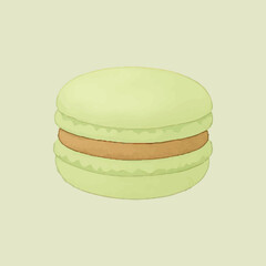 A light green macaron with a rich brown filling, illustrated on a green background, perfect for bakery and dessert-themed designs, showcasing a classic French pastry