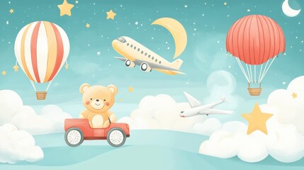 Naklejka premium Whimsical Journey: A Dreamscape of Balloons, Airplanes and a Traveling Teddy Bear
