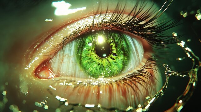 Ultra macro shot of green iris eye, revealing radial patterns and lifelike reflections