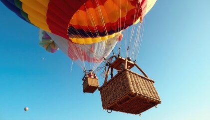 Giant wicker basket attached to colorful hot air balloon, clouds, nature