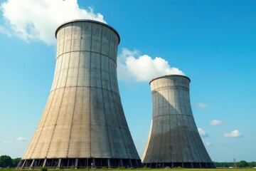 Giant industrial cooling towers against a blue sky, showcasing their intricate structure and scale , architecture, structure