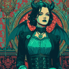 gothic woman with silky black hair. She has devil horns and bat wings