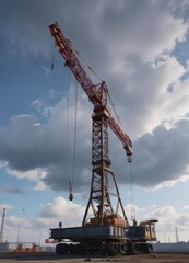 Fototapeta premium Large industrial crane against a cloudy sky, shadows cast , outdoors, silhouette, technology