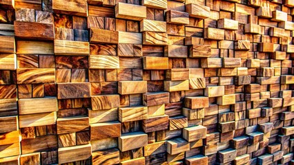 Fototapeta premium A textured wall made of stacked wooden blocks, with warm lighting that highlights the intricate grain patterns of the wood.