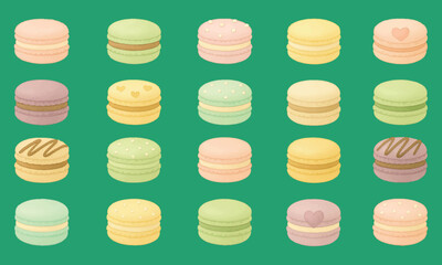 A charming illustration of 20 colorful macarons on a green background, featuring pastel shades of pink, yellow, green, and purple with heart and drizzle decorations, perfect for dessert-themed designs