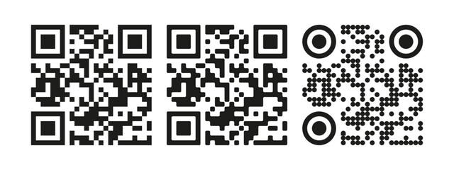 Set of QR code icons. Stylized mockup templates of matrix barcodes with square and dotted patterns. Scannable mobile tags. Isolated on white. Vector image.