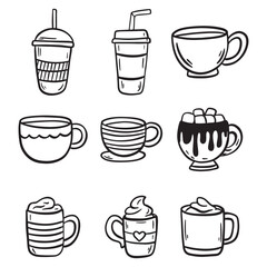 Set of Tea or coffee cup vector doodle hand drawn line illustration. In cute cartoon style for your projects