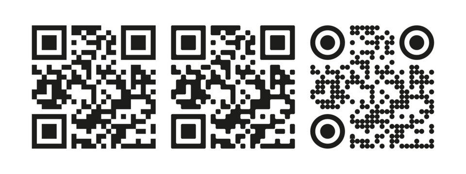 Set of QR code icons. Stylized mockup templates of matrix barcodes with square and dotted patterns. Scannable mobile tags. Isolated on white. Vector image.
