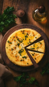 Traditional Spanish tortilla de patatas, sliced into pieces on warm wooden table, garnished with herbs