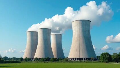 Fototapeta premium Large industrial cooling towers against a blue sky Efficient energy production, environmental impact, infrastructure, industrial landscape , steel, heat, day