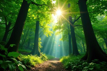 Obraz premium Lush green forest canopy, sunlight dappling through leaves , lush, pattern