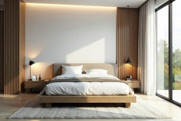 Modern minimalist bedroom, clean lines, neutral tones, modern, interior