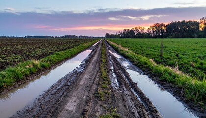 Obraz premium Peaceful rural road with puddles at sunset in a serene landscape