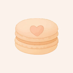 A delicate pink macaron with a heart decoration on top, filled with a creamy white center, set against a green background, ideal for romantic dessert illustrations and bakery designs