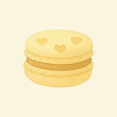 A cheerful yellow macaron adorned with heart decorations, filled with a creamy center, set on a green background, ideal for playful dessert illustrations and bakery graphics