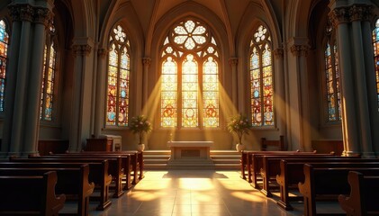 Obraz premium Serene church interior, sunlight streaming through stained-glass windows, highlighting the altar , building interior, light