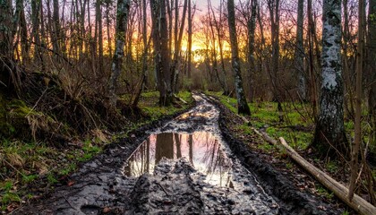 Beautiful Sunset Reflection in a Forest Path Surrounded by Trees