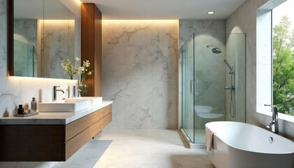Sleek modern bath, floating vanity, glass shower , tile, faucet, fresh