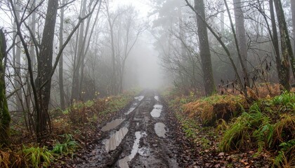 Obraz premium Foggy Path Through Trees in Mysterious Forest Landscape
