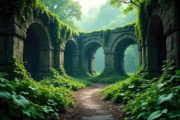 Ancient ruins overgrown with vines and crumbling stone structures in a mystical setting , time, architecture, temple